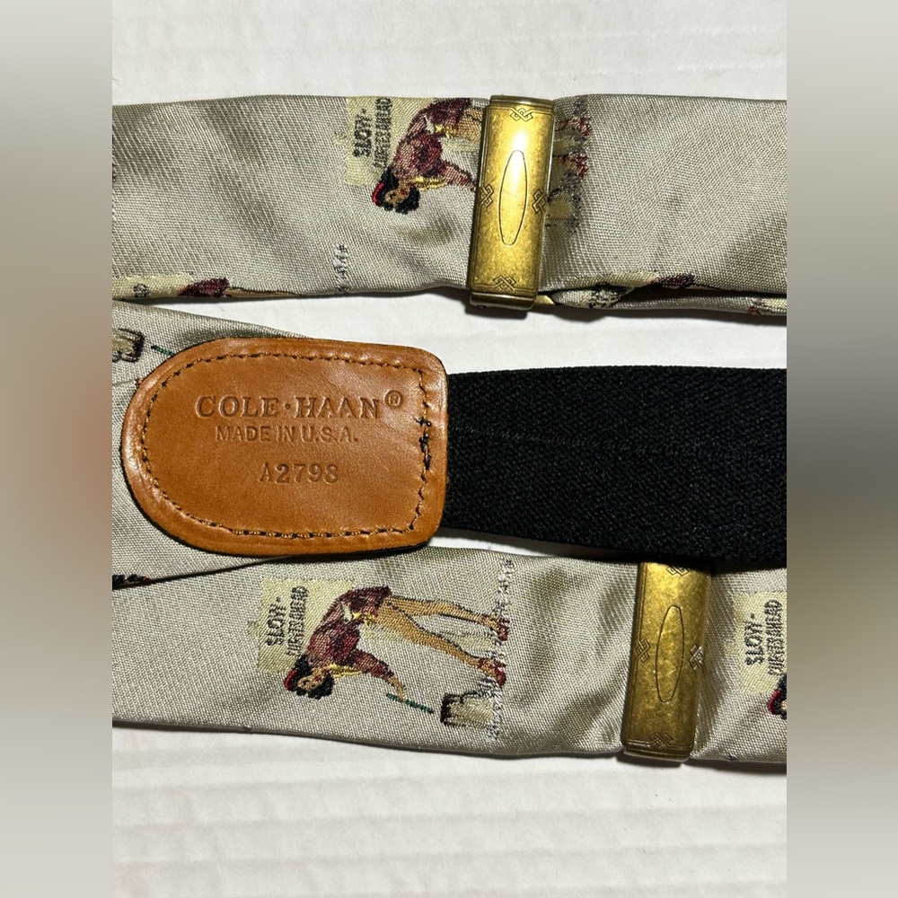 Cole Haan Suspenders Made In USA Beige Pin-up Woman Slow Curves Ahead Rare 50in. - Picture 6 of 13